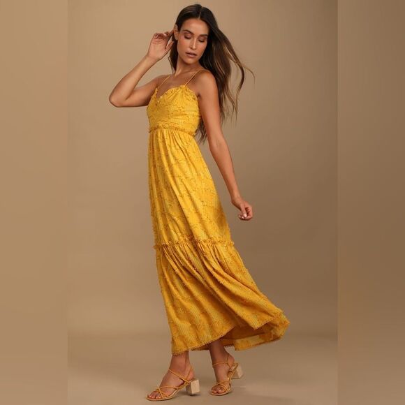 Lulus Charm and Charisma Burnout Floral Midi Dress in Mustard Yellow‎ XL - Picture 2 of 12